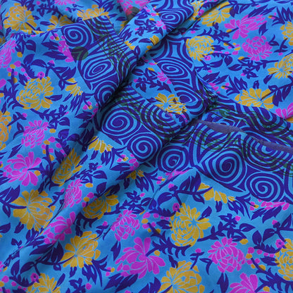 Indian Vintage blue Pure Crepe Silk Saree Floral Print 5 Yards Soft Sewing Fabric for Dressmaking, Quilting, Crafting Upcycling