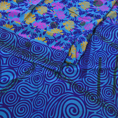 Indian Vintage blue Pure Crepe Silk Saree Floral Print 5 Yards Soft Sewing Fabric for Dressmaking, Quilting, Crafting Upcycling