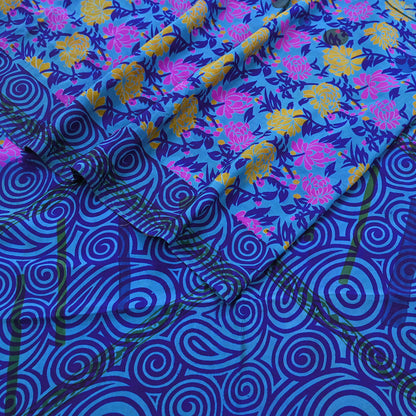 Indian Vintage blue Pure Crepe Silk Saree Floral Print 5 Yards Soft Sewing Fabric for Dressmaking, Quilting, Crafting Upcycling