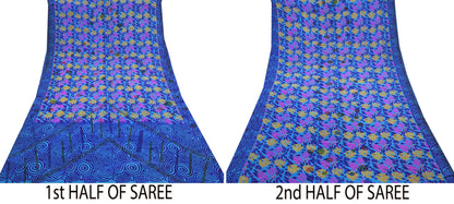 Indian Vintage blue Pure Crepe Silk Saree Floral Print 5 Yards Soft Sewing Fabric for Dressmaking, Quilting, Crafting Upcycling