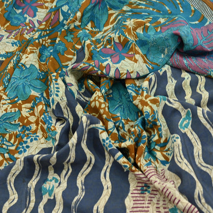 Indian Vintage Sari Ivory & Gray Pure Crepe Silk Printed Saree 5yard Sewing Quilting Floral Soft Craft Fabric Wrap