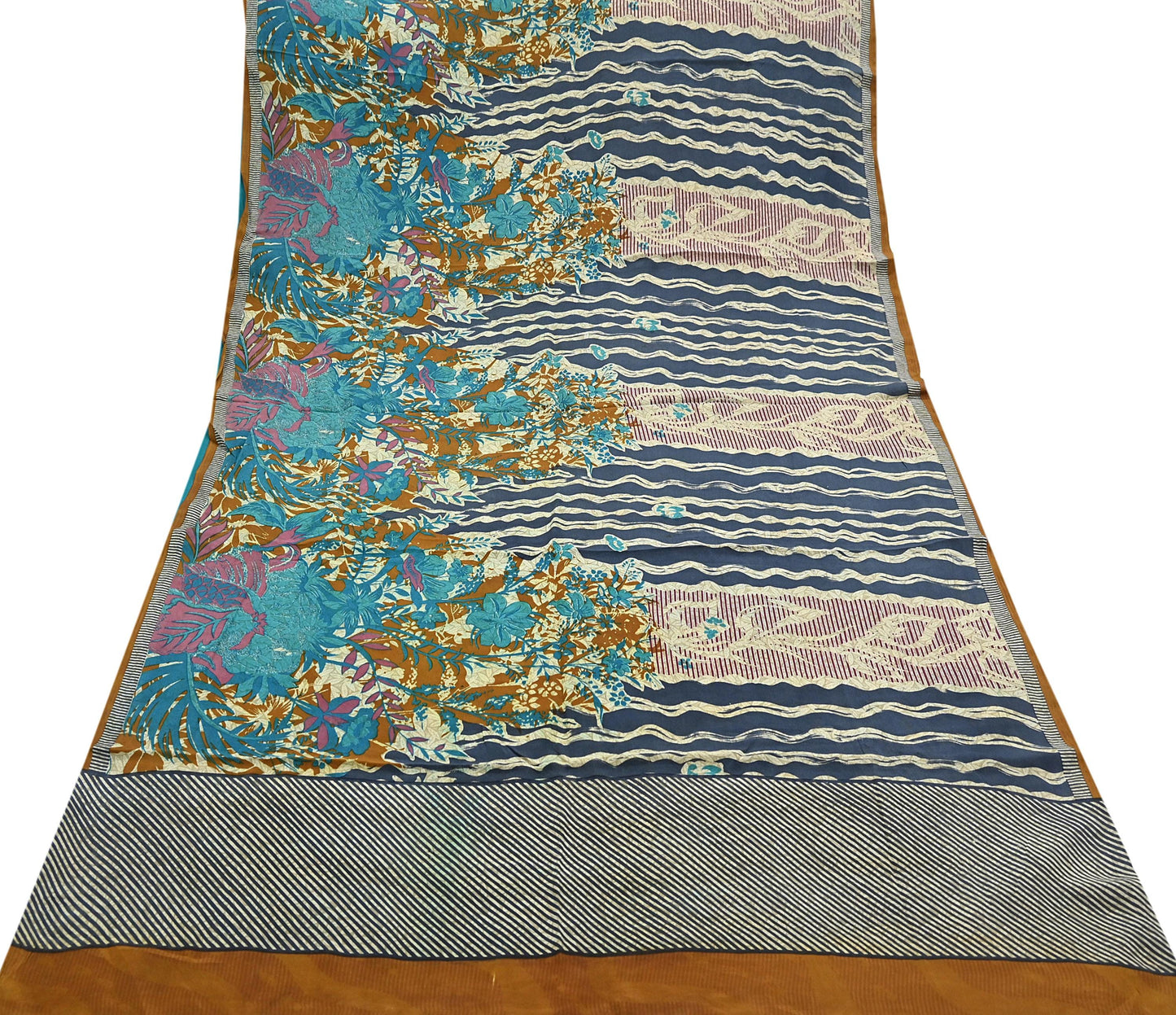 Indian Vintage Sari Ivory & Gray Pure Crepe Silk Printed Saree 5yard Sewing Quilting Floral Soft Craft Fabric Wrap