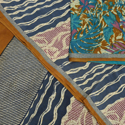 Indian Vintage Sari Ivory & Gray Pure Crepe Silk Printed Saree 5yard Sewing Quilting Floral Soft Craft Fabric Wrap