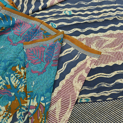 Indian Vintage Sari Ivory & Gray Pure Crepe Silk Printed Saree 5yard Sewing Quilting Floral Soft Craft Fabric Wrap