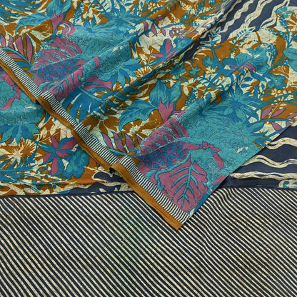 Indian Vintage Sari Ivory & Gray Pure Crepe Silk Printed Saree 5yard Sewing Quilting Floral Soft Craft Fabric Wrap