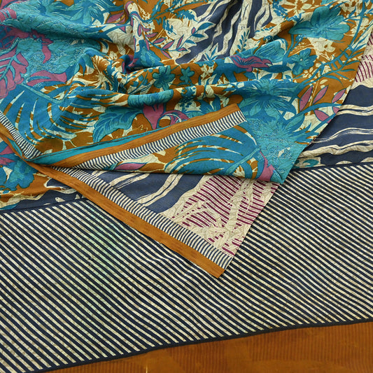 Indian Vintage Sari Ivory & Gray Pure Crepe Silk Printed Saree 5yard Sewing Quilting Floral Soft Craft Fabric Wrap