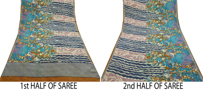 Indian Vintage Sari Ivory & Gray Pure Crepe Silk Printed Saree 5yard Sewing Quilting Floral Soft Craft Fabric Wrap