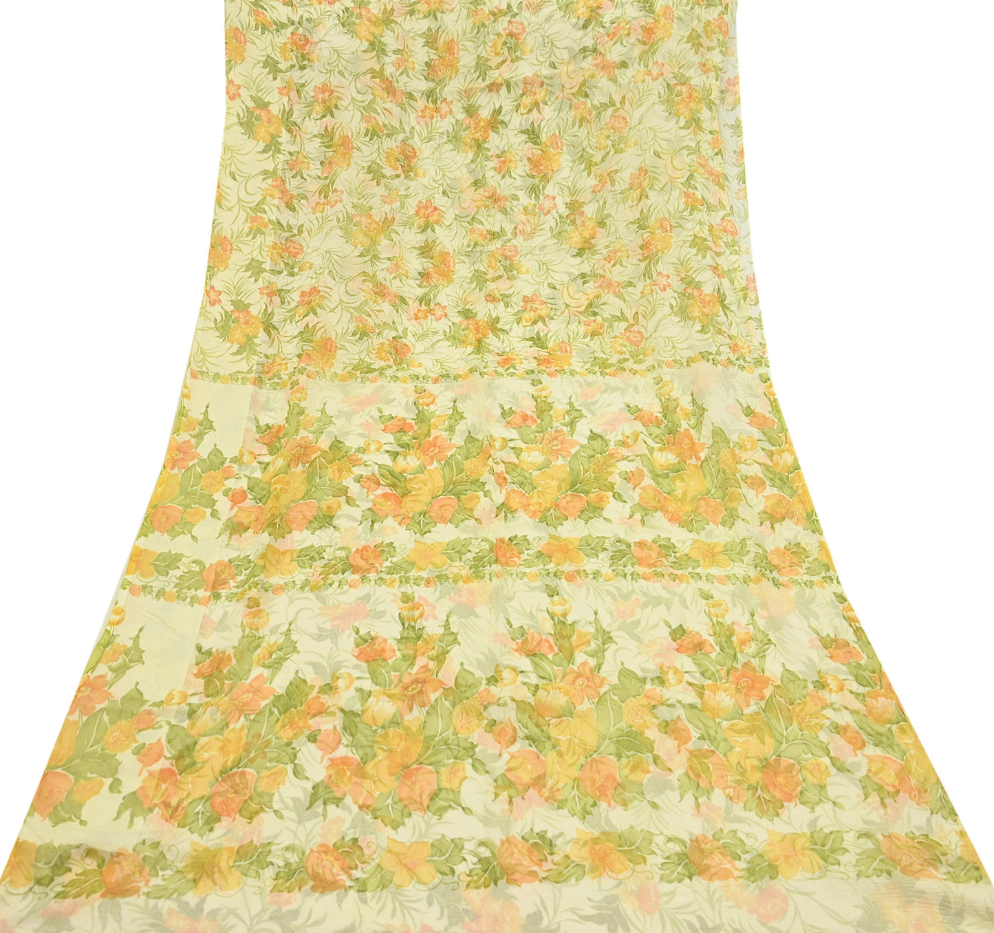 Vintage Saree Ivory Pure Chiffon Silk Printed Sari Craft Fabric Sewing 5Yard Soft quilting crafting dress making