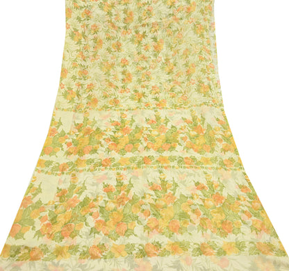 Vintage Saree Ivory Pure Chiffon Silk Printed Sari Craft Fabric Sewing 5Yard Soft quilting crafting dress making