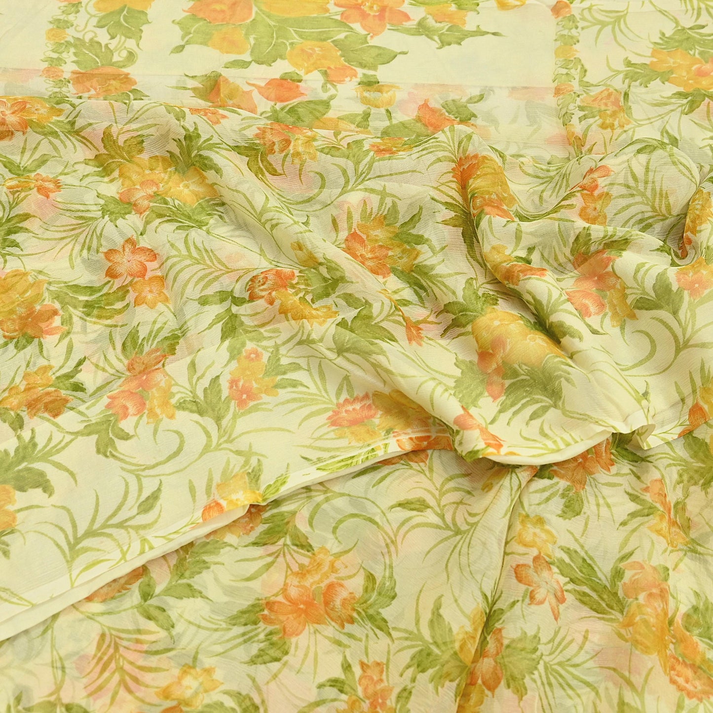 Vintage Saree Ivory Pure Chiffon Silk Printed Sari Craft Fabric Sewing 5Yard Soft quilting crafting dress making