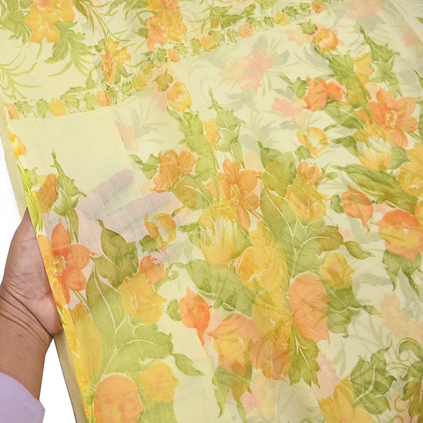 Vintage Saree Ivory Pure Chiffon Silk Printed Sari Craft Fabric Sewing 5Yard Soft quilting crafting dress making