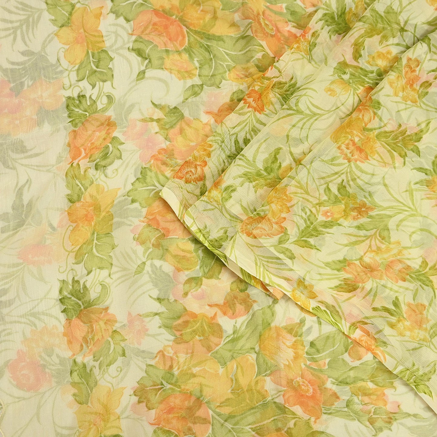 Vintage Saree Ivory Pure Chiffon Silk Printed Sari Craft Fabric Sewing 5Yard Soft quilting crafting dress making