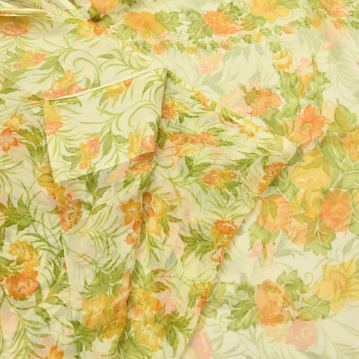 Vintage Saree Ivory Pure Chiffon Silk Printed Sari Craft Fabric Sewing 5Yard Soft quilting crafting dress making