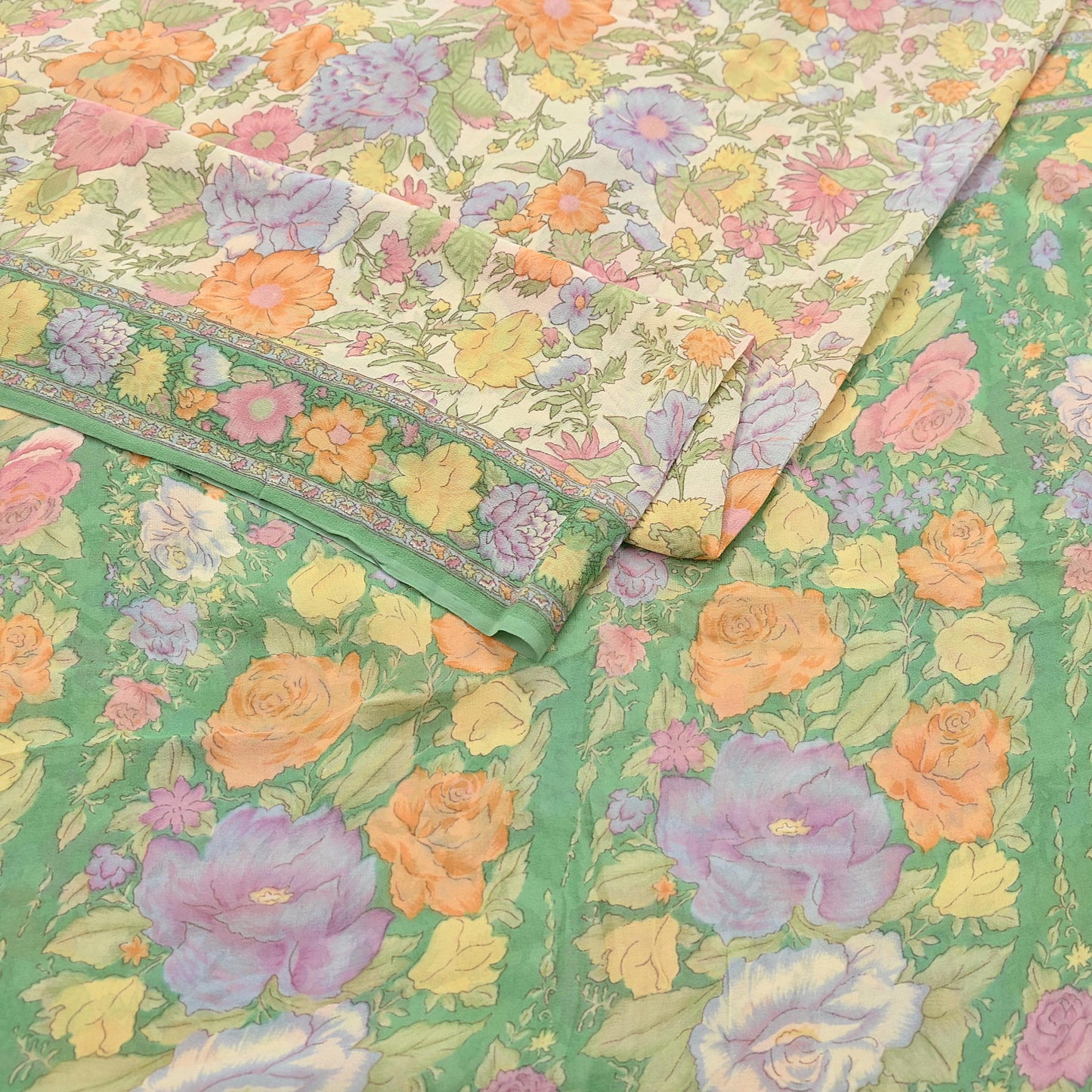 Indian Vintage Beige & Green Saree 100% Pure Georgette Silk Block Printed Sari Sewing 6yd Craft Fabric Dress Designing for Dress making