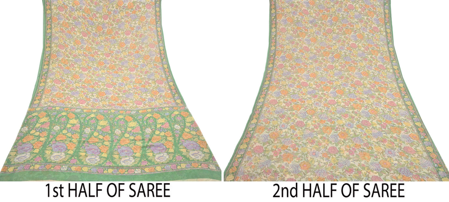 Indian Vintage Beige & Green Saree 100% Pure Georgette Silk Block Printed Sari Sewing 6yd Craft Fabric Dress Designing for Dress making