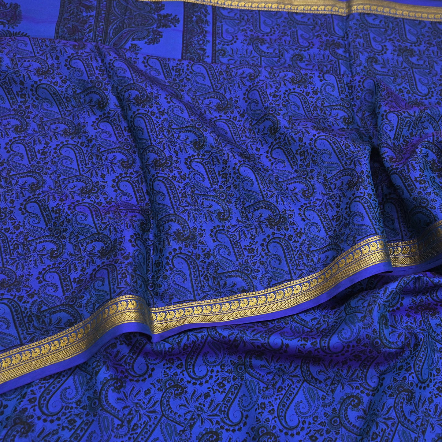 Vintage Blue Pure Silk Saree Indian Printed Silk Fabric 5 Yards Boho Craft Material for Sewing, Quilting, Dressmaking, Upcycling