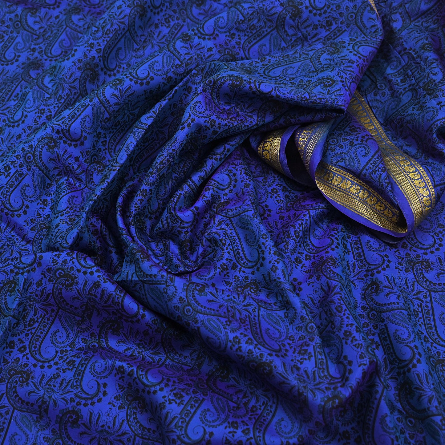 Vintage Blue Pure Silk Saree Indian Printed Silk Fabric 5 Yards Boho Craft Material for Sewing, Quilting, Dressmaking, Upcycling