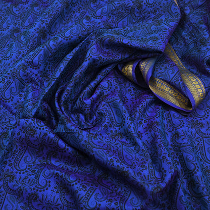 Vintage Blue Pure Silk Saree Indian Printed Silk Fabric 5 Yards Boho Craft Material for Sewing, Quilting, Dressmaking, Upcycling