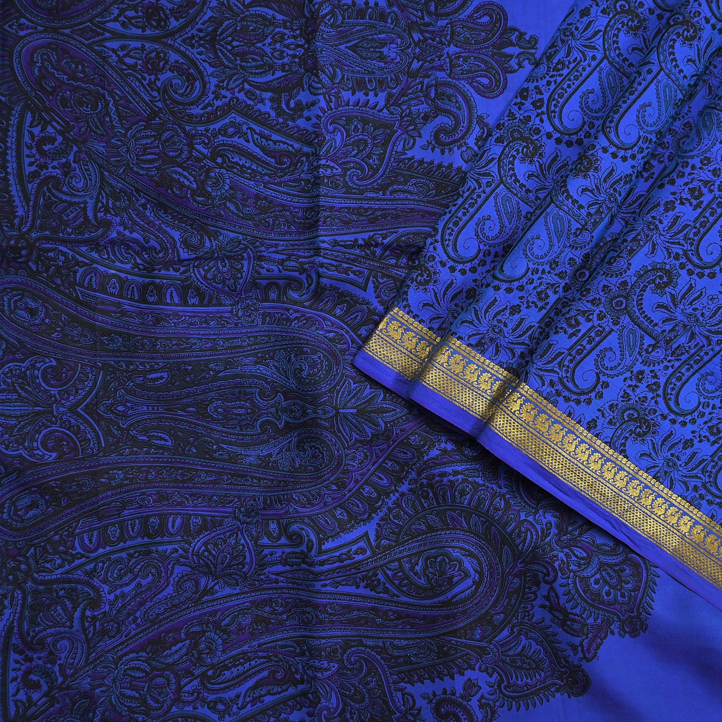 Vintage Blue Pure Silk Saree Indian Printed Silk Fabric 5 Yards Boho Craft Material for Sewing, Quilting, Dressmaking, Upcycling