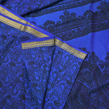 Vintage Blue Pure Silk Saree Indian Printed Silk Fabric 5 Yards Boho Craft Material for Sewing, Quilting, Dressmaking, Upcycling