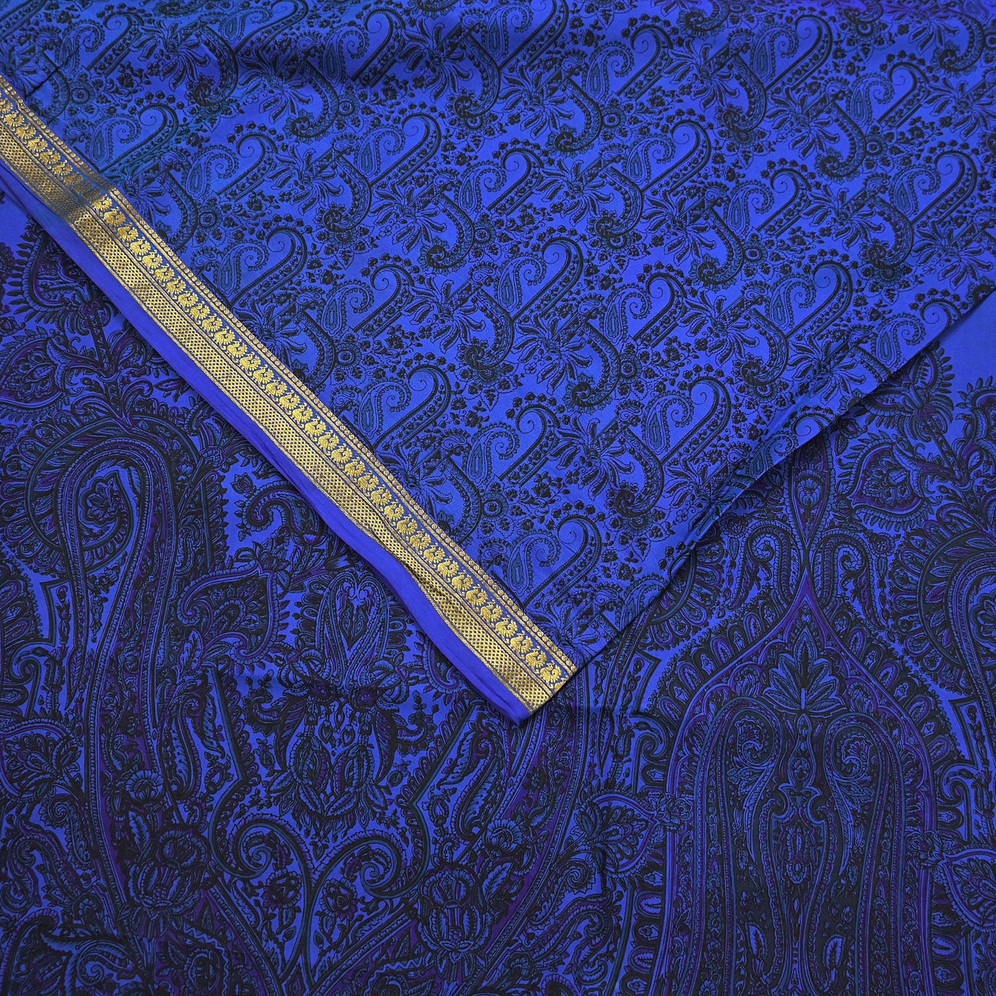 Vintage Blue Pure Silk Saree Indian Printed Silk Fabric 5 Yards Boho Craft Material for Sewing, Quilting, Dressmaking, Upcycling