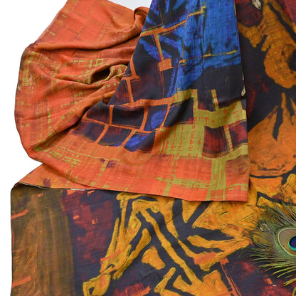 Indian Vintage Orange Saree Pure Khadi Silk Handloom Printed Sari Fabric 5yd Ethnic Wear Sari Floral Designs Dress making Crafting