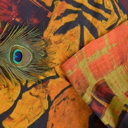 Indian Vintage Orange Saree Pure Khadi Silk Handloom Printed Sari Fabric 5yd Ethnic Wear Sari Floral Designs Dress making Crafting