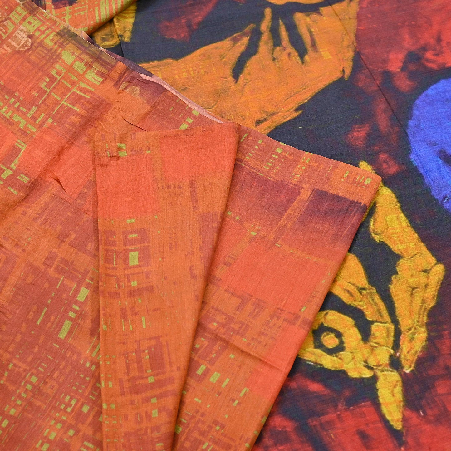 Indian Vintage Orange Saree Pure Khadi Silk Handloom Printed Sari Fabric 5yd Ethnic Wear Sari Floral Designs Dress making Crafting