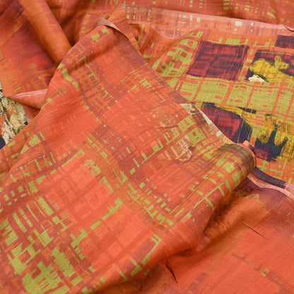 Indian Vintage Orange Saree Pure Khadi Silk Handloom Printed Sari Fabric 5yd Ethnic Wear Sari Floral Designs Dress making Crafting