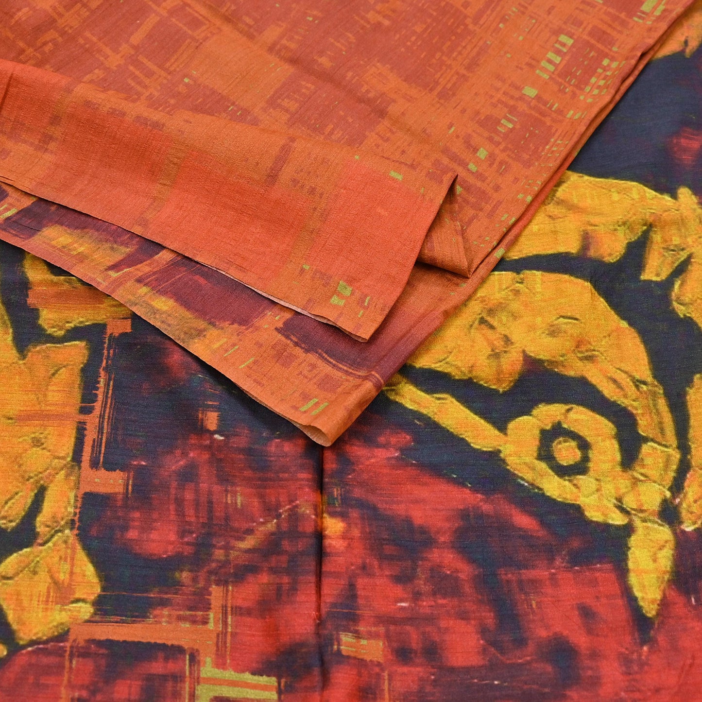 Indian Vintage Orange Saree Pure Khadi Silk Handloom Printed Sari Fabric 5yd Ethnic Wear Sari Floral Designs Dress making Crafting
