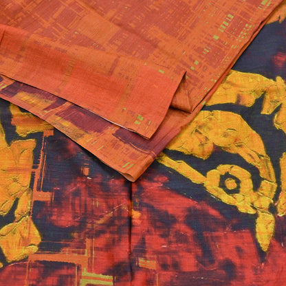 Indian Vintage Orange Saree Pure Khadi Silk Handloom Printed Sari Fabric 5yd Ethnic Wear Sari Floral Designs Dress making Crafting