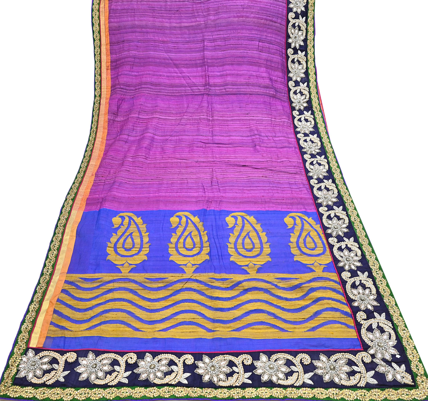 Indian Vintage Purple Saree Pure Khadi Silk Handloom Hand Embroidered Sari Craft Fabric 5yd Ethnic Fringes Dress making Crafting Quilting