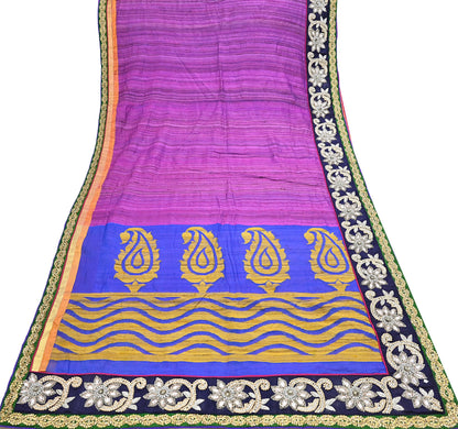 Indian Vintage Purple Saree Pure Khadi Silk Handloom Hand Embroidered Sari Craft Fabric 5yd Ethnic Fringes Dress making Crafting Quilting