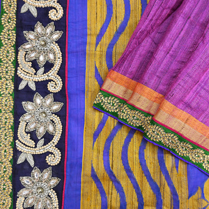 Indian Vintage Purple Saree Pure Khadi Silk Handloom Hand Embroidered Sari Craft Fabric 5yd Ethnic Fringes Dress making Crafting Quilting