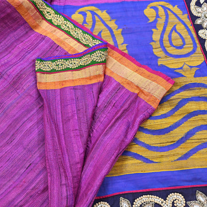 Indian Vintage Purple Saree Pure Khadi Silk Handloom Hand Embroidered Sari Craft Fabric 5yd Ethnic Fringes Dress making Crafting Quilting