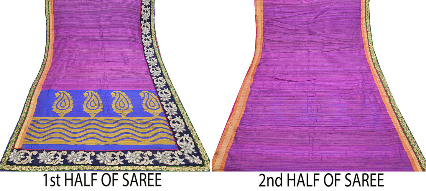 Indian Vintage Purple Saree Pure Khadi Silk Handloom Hand Embroidered Sari Craft Fabric 5yd Ethnic Fringes Dress making Crafting Quilting