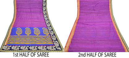 Indian Vintage Purple Saree Pure Khadi Silk Handloom Hand Embroidered Sari Craft Fabric 5yd Ethnic Fringes Dress making Crafting Quilting