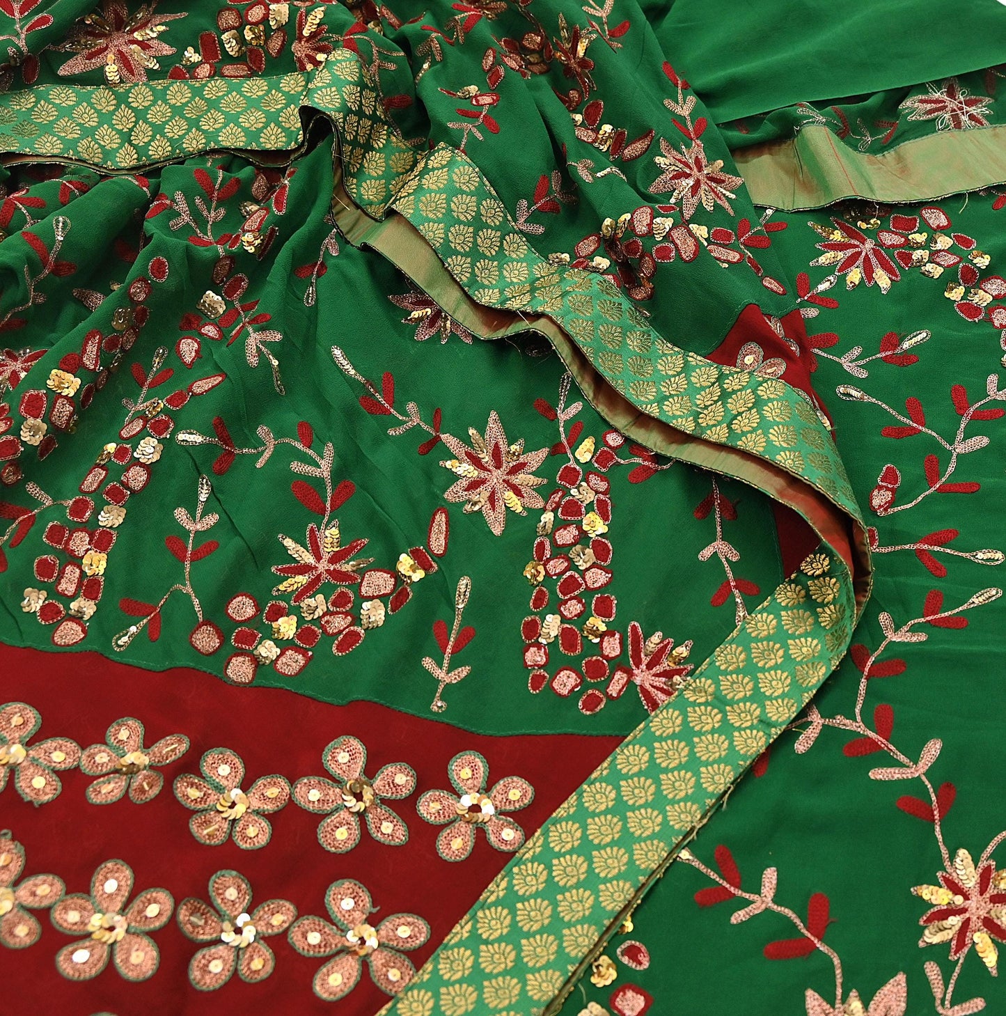 Indian Vintage Heavy Sarees Green & Red Pure Georgette Silk Hand Embroidered Sari Fabric 6Yd Sewing Ethnic Zardozi zari Wedding sarees