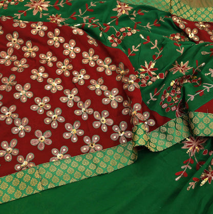 Indian Vintage Heavy Sarees Green & Red Pure Georgette Silk Hand Embroidered Sari Fabric 6Yd Sewing Ethnic Zardozi zari Wedding sarees