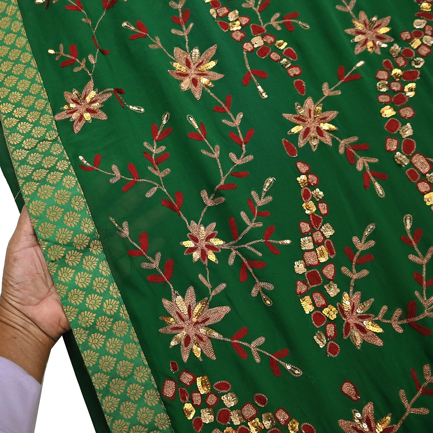 Indian Vintage Heavy Sarees Green & Red Pure Georgette Silk Hand Embroidered Sari Fabric 6Yd Sewing Ethnic Zardozi zari Wedding sarees