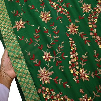 Indian Vintage Heavy Sarees Green & Red Pure Georgette Silk Hand Embroidered Sari Fabric 6Yd Sewing Ethnic Zardozi zari Wedding sarees