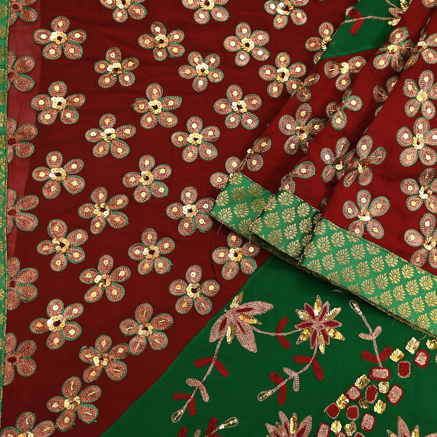 Indian Vintage Heavy Sarees Green & Red Pure Georgette Silk Hand Embroidered Sari Fabric 6Yd Sewing Ethnic Zardozi zari Wedding sarees