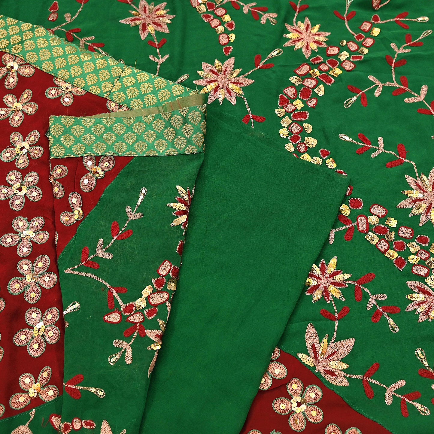 Indian Vintage Heavy Sarees Green & Red Pure Georgette Silk Hand Embroidered Sari Fabric 6Yd Sewing Ethnic Zardozi zari Wedding sarees