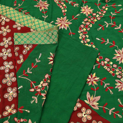 Indian Vintage Heavy Sarees Green & Red Pure Georgette Silk Hand Embroidered Sari Fabric 6Yd Sewing Ethnic Zardozi zari Wedding sarees