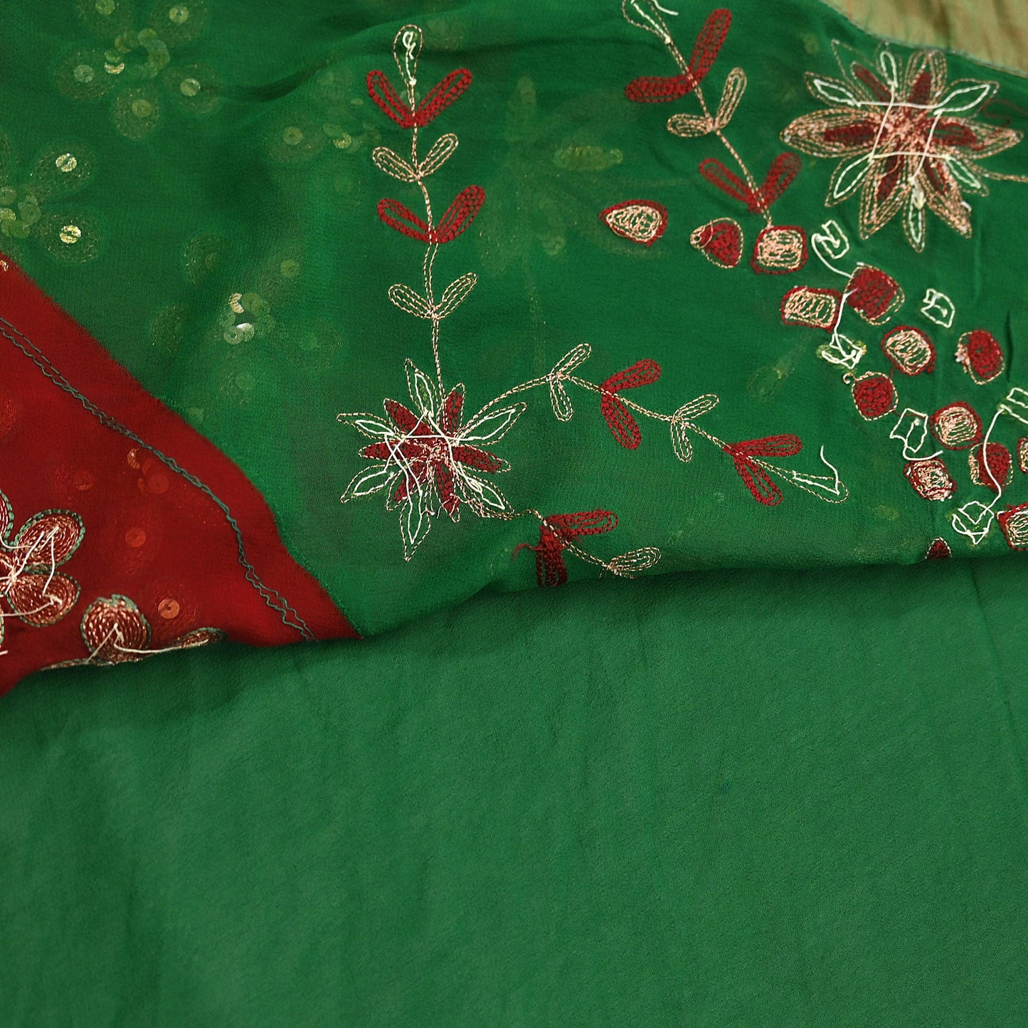 Indian Vintage Heavy Sarees Green & Red Pure Georgette Silk Hand Embroidered Sari Fabric 6Yd Sewing Ethnic Zardozi zari Wedding sarees