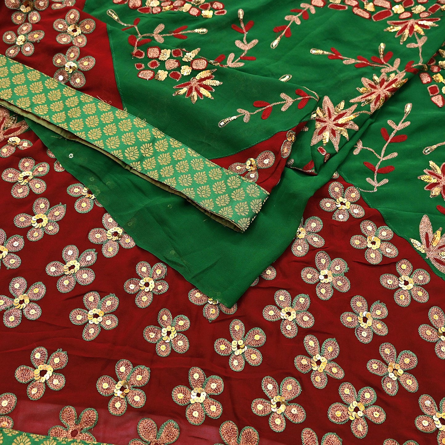 Indian Vintage Heavy Sarees Green & Red Pure Georgette Silk Hand Embroidered Sari Fabric 6Yd Sewing Ethnic Zardozi zari Wedding sarees