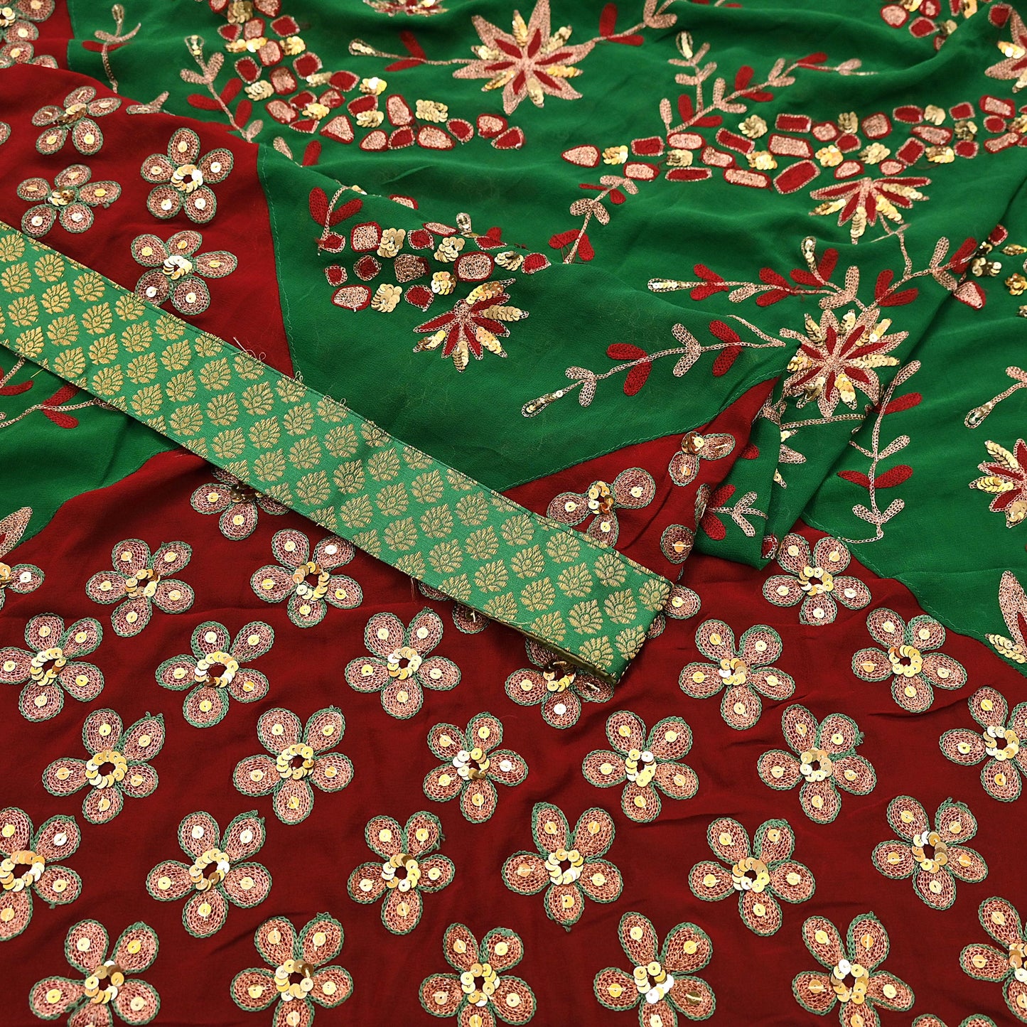 Indian Vintage Heavy Sarees Green & Red Pure Georgette Silk Hand Embroidered Sari Fabric 6Yd Sewing Ethnic Zardozi zari Wedding sarees