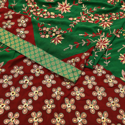 Indian Vintage Heavy Sarees Green & Red Pure Georgette Silk Hand Embroidered Sari Fabric 6Yd Sewing Ethnic Zardozi zari Wedding sarees