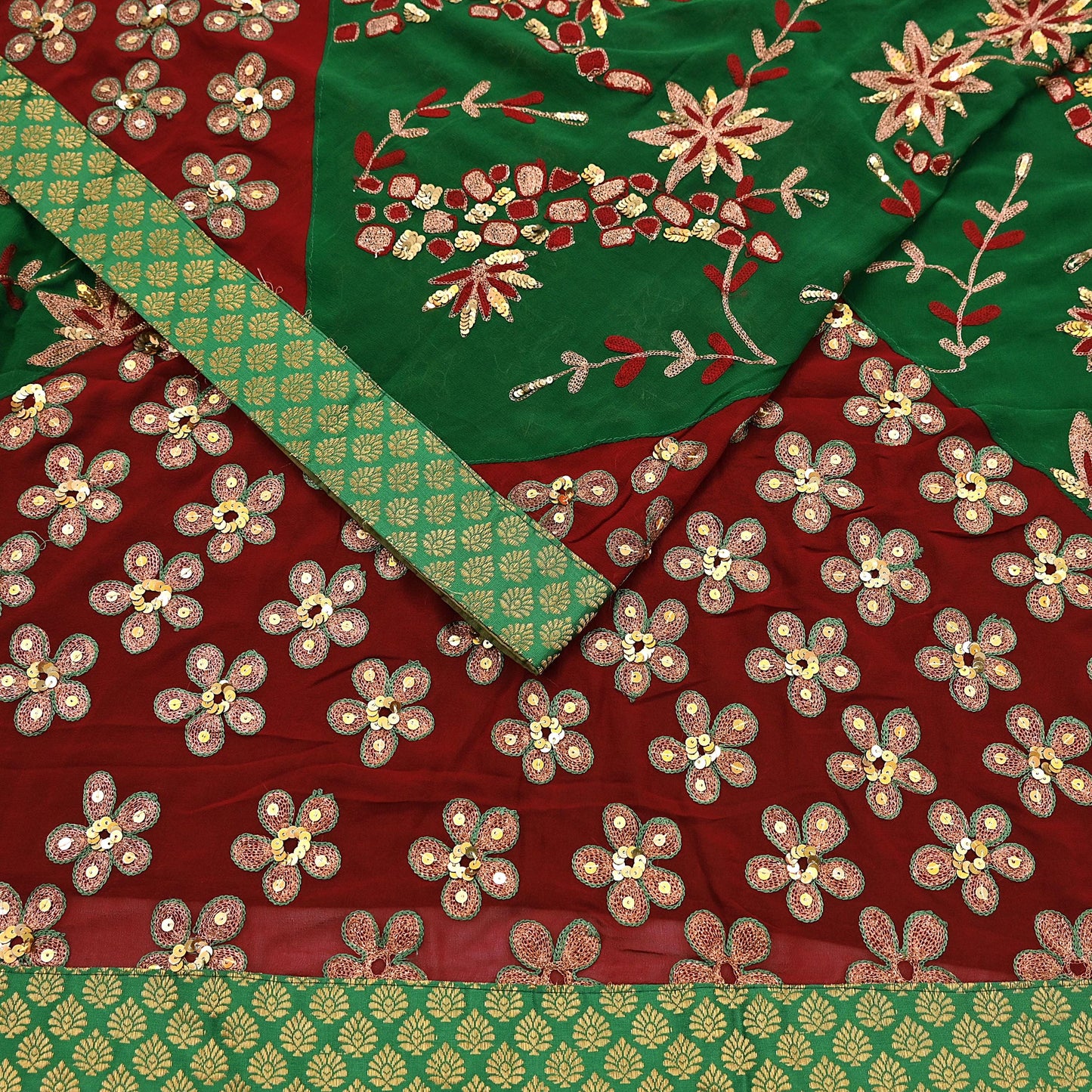 Indian Vintage Heavy Sarees Green & Red Pure Georgette Silk Hand Embroidered Sari Fabric 6Yd Sewing Ethnic Zardozi zari Wedding sarees