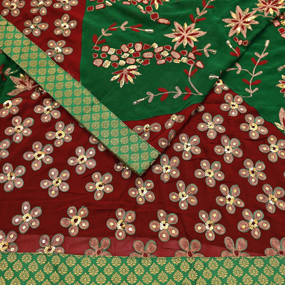 Indian Vintage Heavy Sarees Green & Red Pure Georgette Silk Hand Embroidered Sari Fabric 6Yd Sewing Ethnic Zardozi zari Wedding sarees